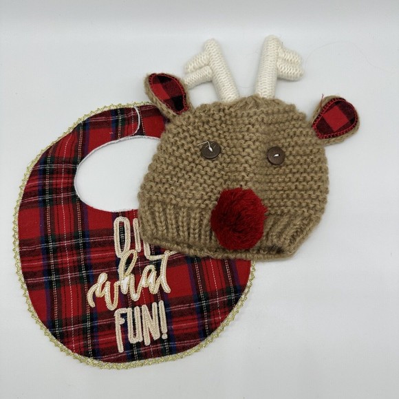 Mud Pie Christmas Bib & Reindeer Hat 0-6M Knit Beanie Red Tartan Plaid Baby - Picture 1 of 8